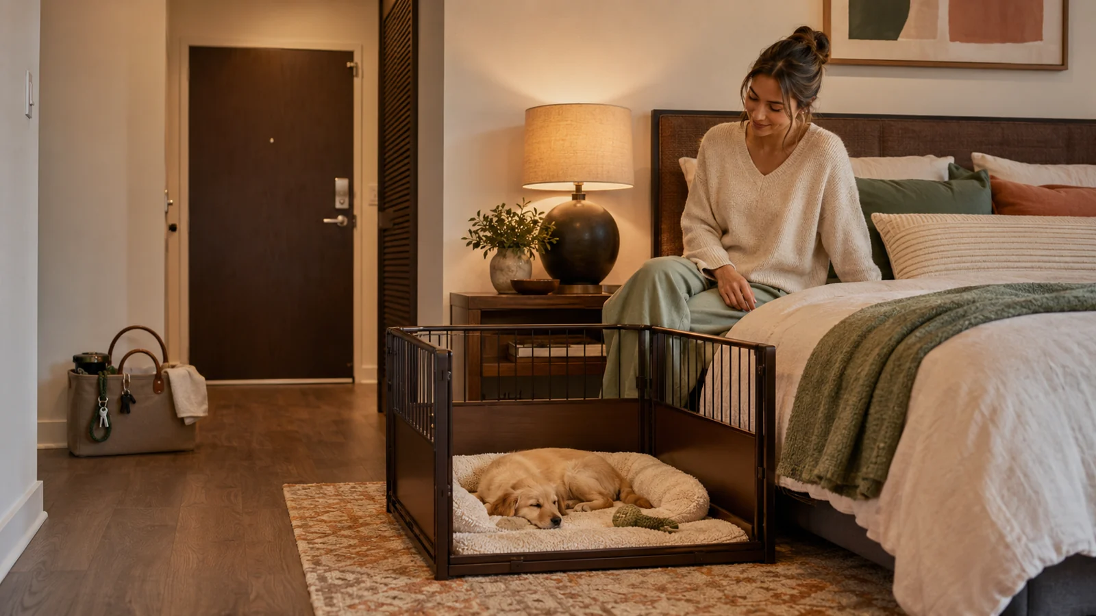 New puppy resting in a cozy sleep station beside an owner’s bed in a tidy apartment, with a compact leash and cleanup caddy ready near the door.