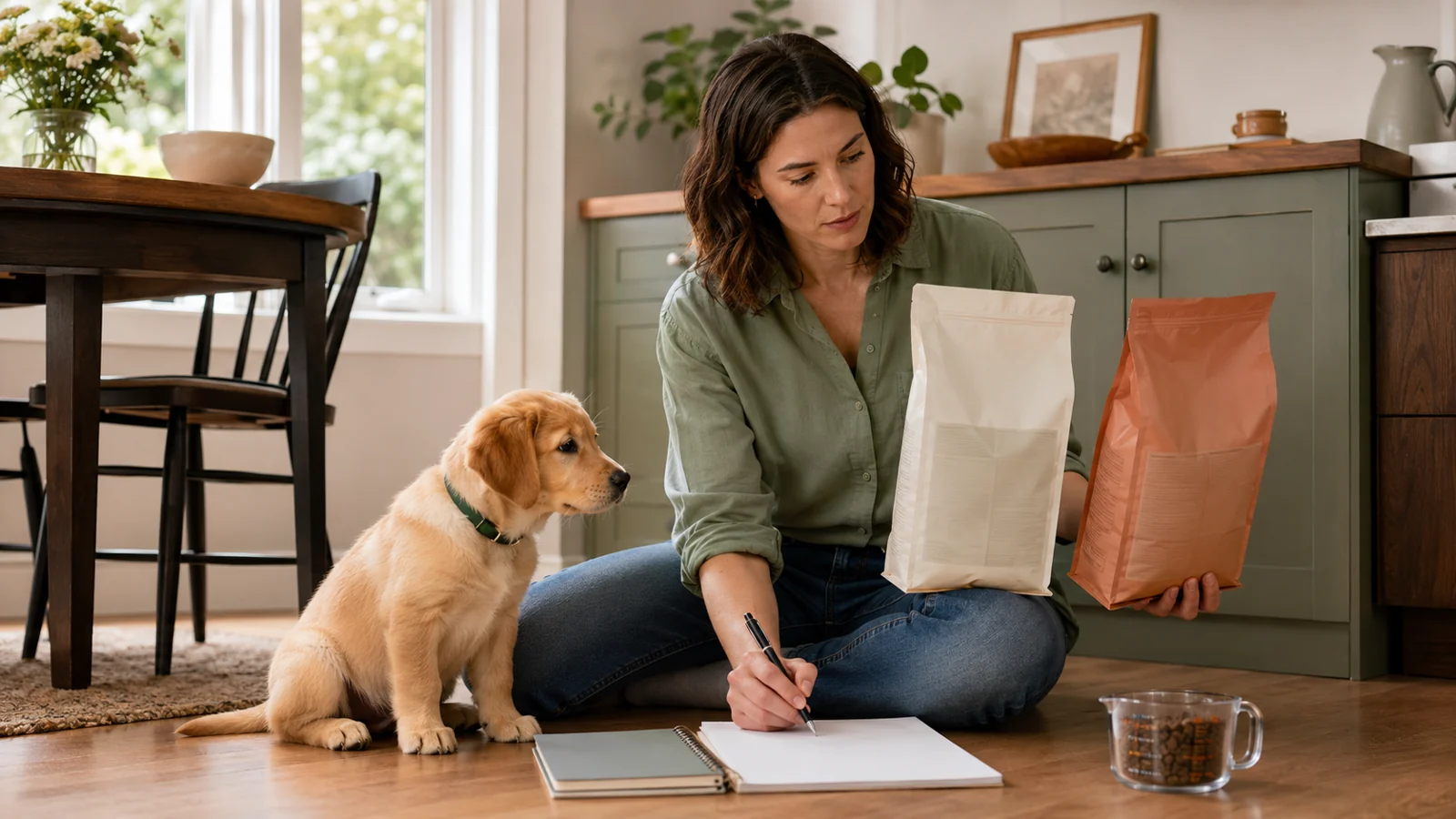 New puppy beside an owner comparing the back panels of two unbranded puppy food packages at a bright kitchen table