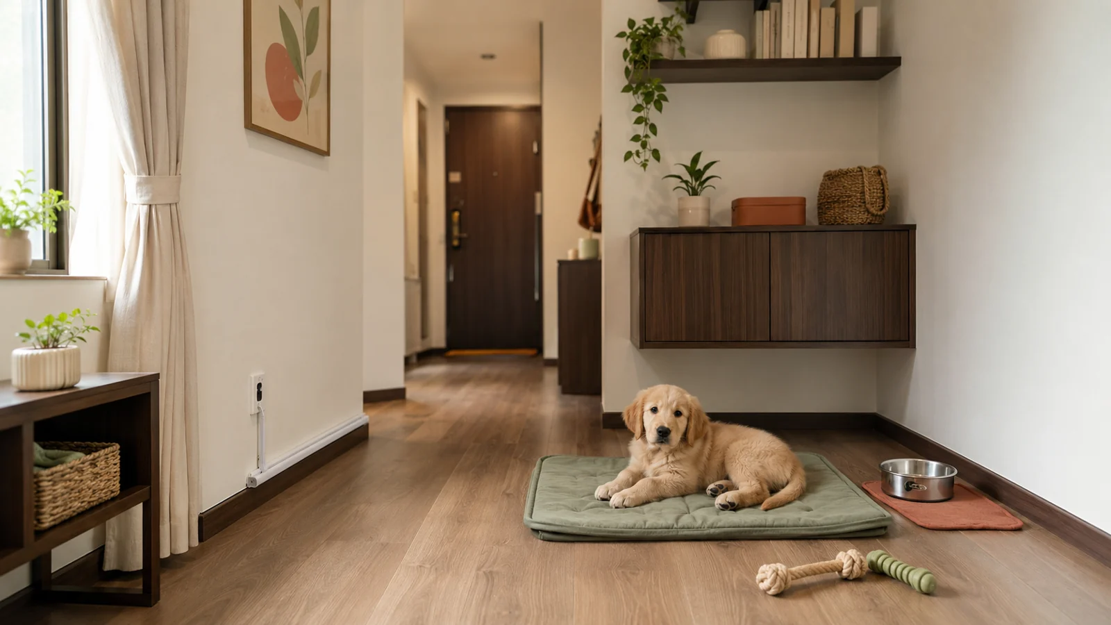 Warm apartment puppy room with a resting mat, water station, secured cords, closed vertical storage, and a clear path toward the entry door