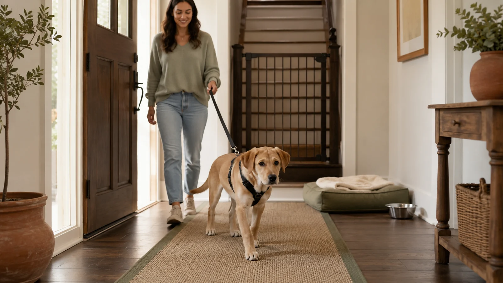 Large-breed puppy walking calmly with its owner along a non-slip first-day route between the entry and a floor-level resting mat