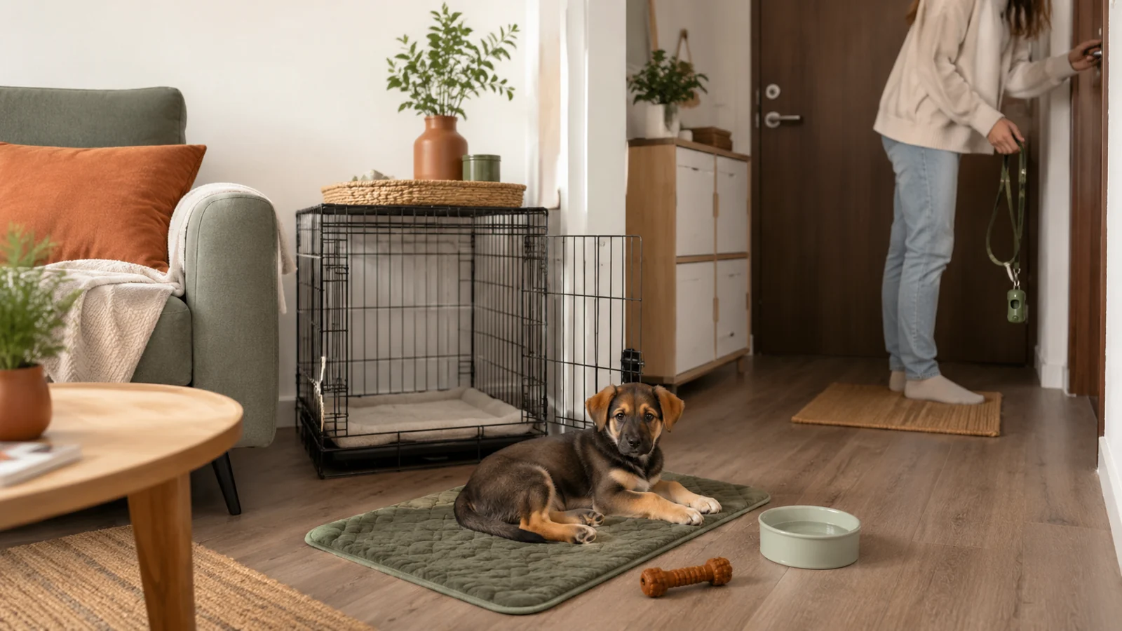New puppy resting beside a compact crate and water bowl in a calm apartment living room while the owner prepares a leash near the door