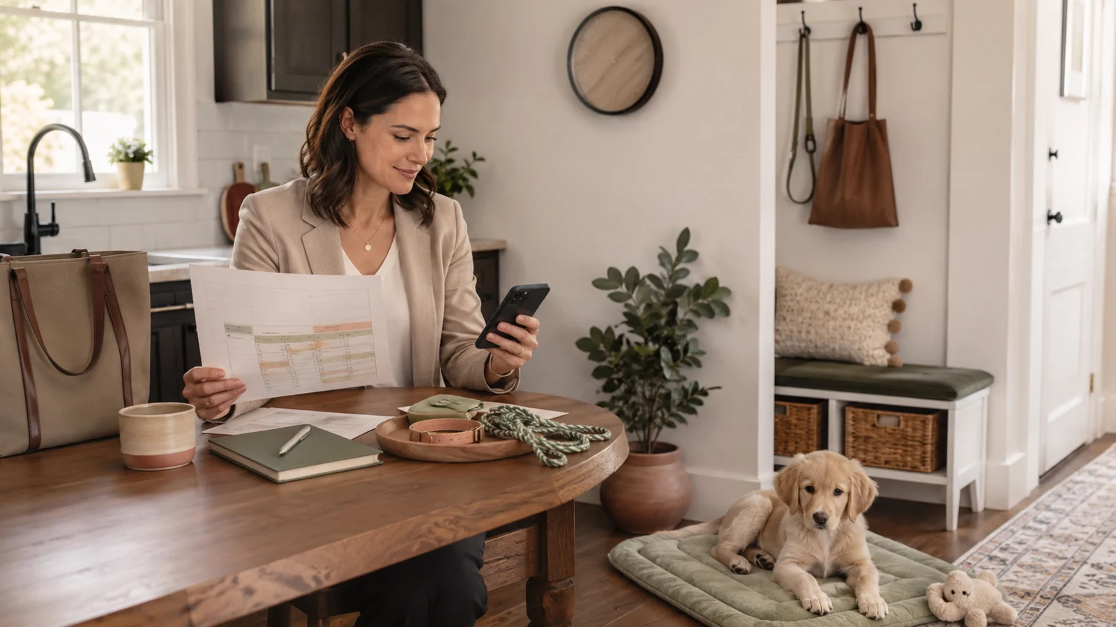 Dog mom reviewing a puppy care schedule at a kitchen table while a young puppy rests nearby before an office workday