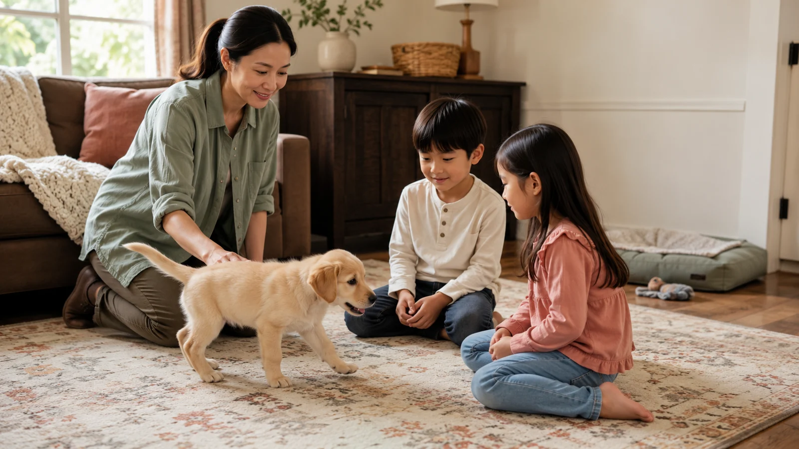 Parent supervising two seated young children as a relaxed puppy approaches them in a calm, sunlit living room