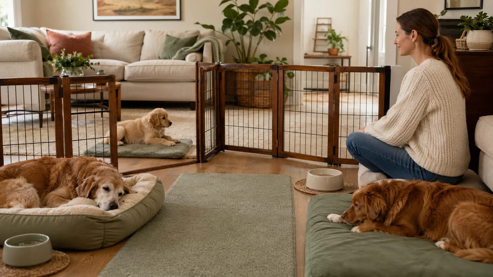 A puppy and two resident dogs calmly separated by an open indoor gate while their owner observes from a comfortable living room