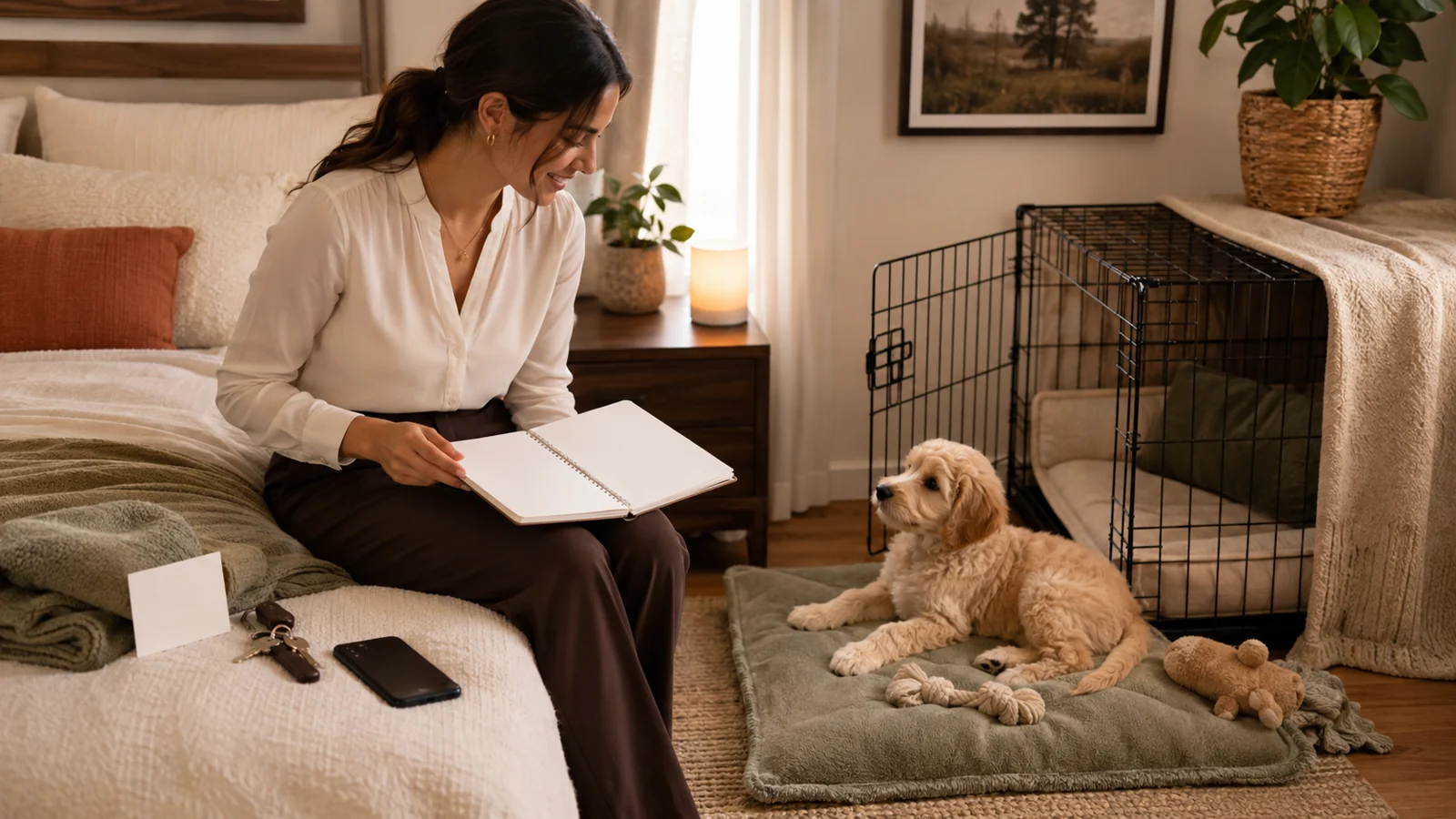 Dog mom in work clothes reviewing a first-night puppy care plan beside a calm puppy resting near a bedroom crate