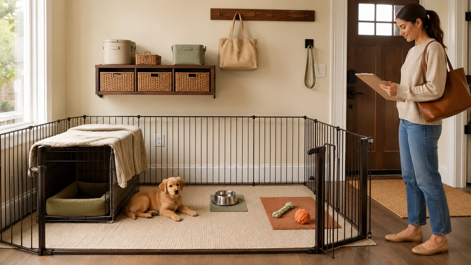 Young puppy resting in a carefully arranged home office-adjacent room with a gated pen, open crate, water station, and a caregiver schedule on a clipboard held by the owner.