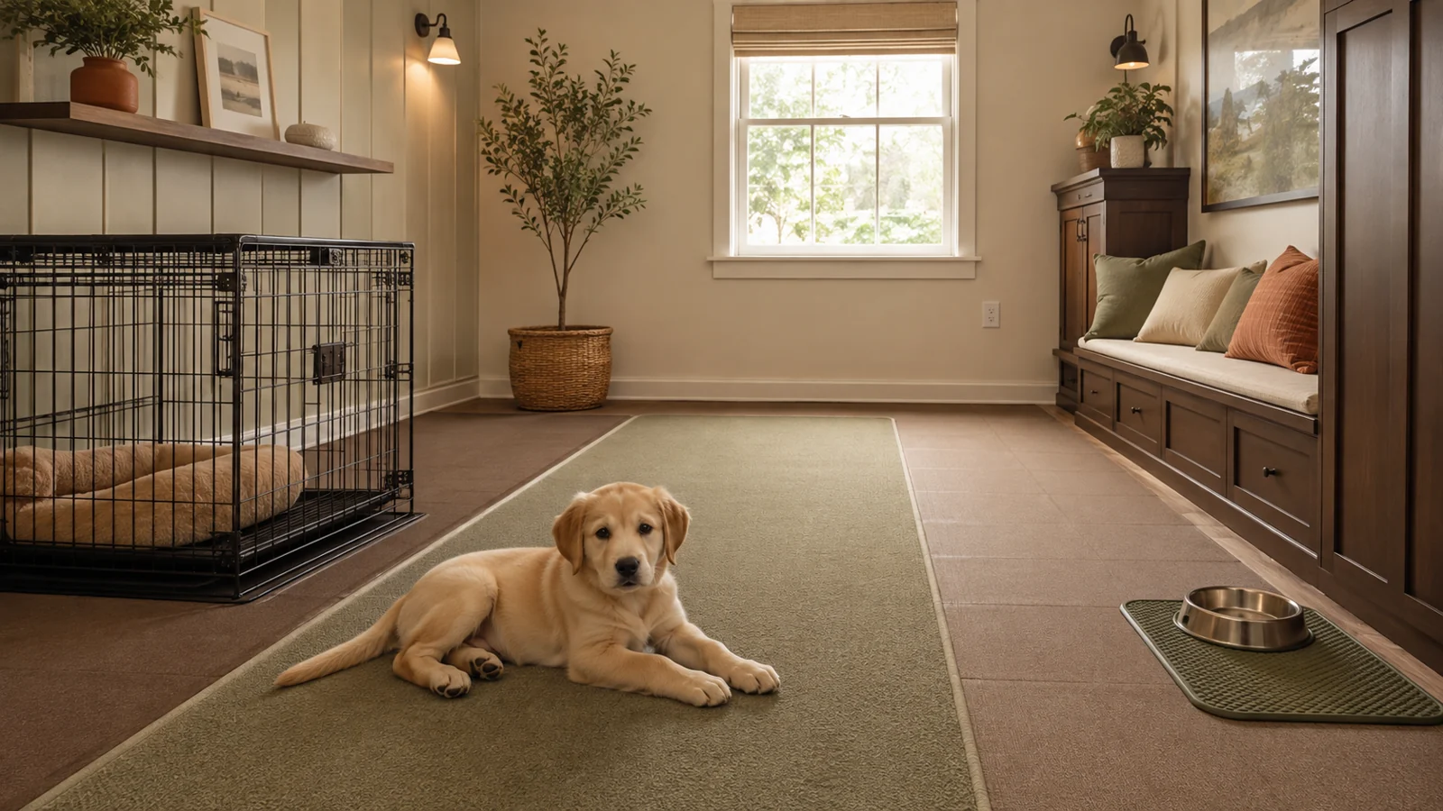 Large-breed puppy resting in a spacious puppy-safe room with a secured crate, stable water bowl, anchored storage, and non-slip floor runners