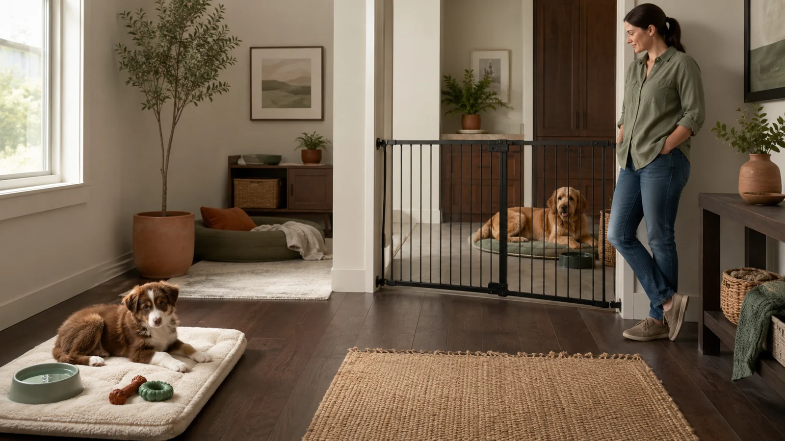 Dog mom checking a calm puppy-safe room while a puppy rests inside and an older dog relaxes beyond a secure gate