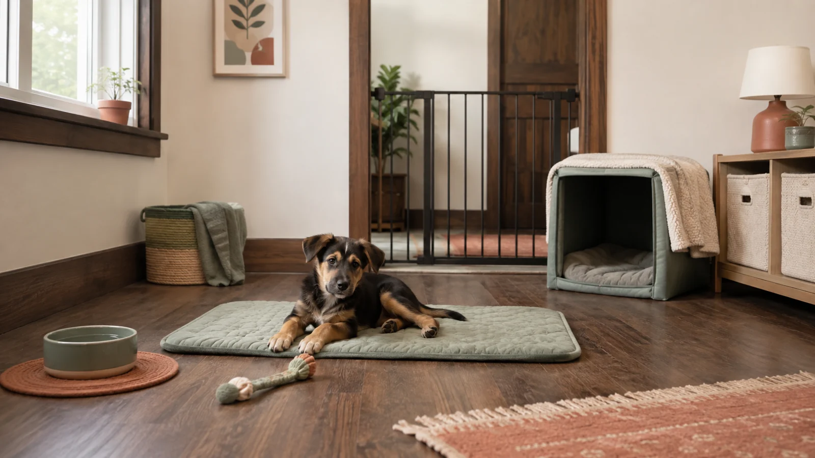 Rescue puppy resting on a washable mat in a quiet cream-and-sage puppy-safe room with an open retreat, water bowl, secured cords, and a gate