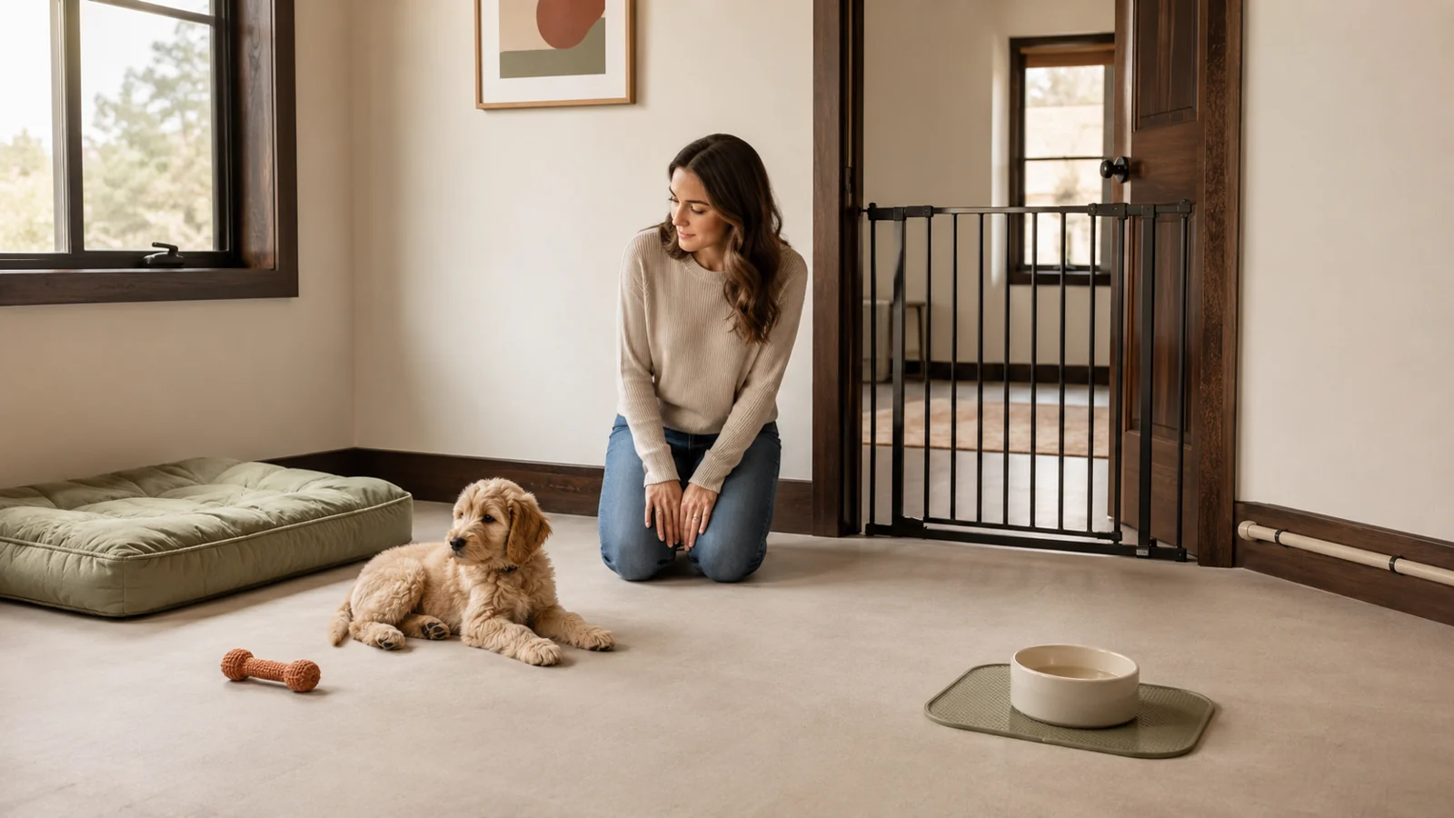 First-time dog mom kneeling beside a calm puppy in a simple, puppy-safe room with a secured gate, covered cord, washable mat, stable water bowl, and open floor space
