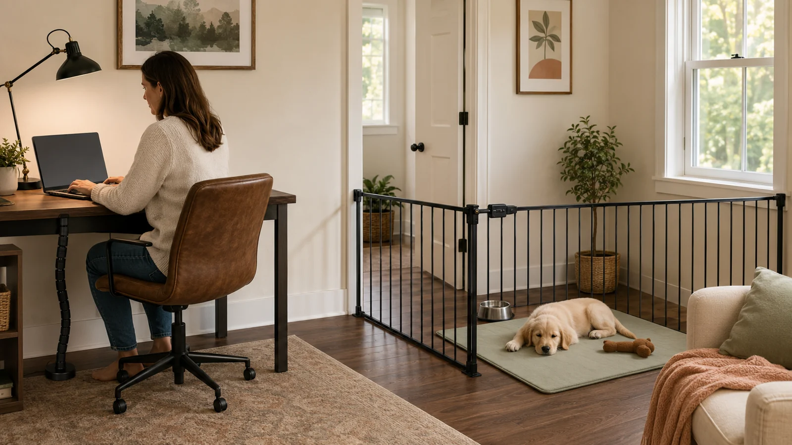 Dog mom working at a desk beside a calm puppy resting in a securely gated, uncluttered room with a bed, water bowl, and one chew toy