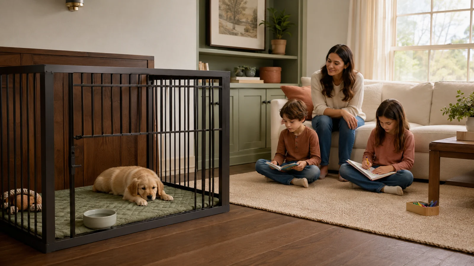 Mother supervising two young children seated calmly outside a gated puppy retreat while a relaxed puppy rests on a mat inside