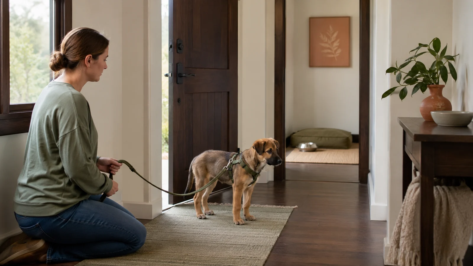 Rescue puppy pauses beside a calm owner in a quiet cream-toned entryway with a resting mat and water nearby.