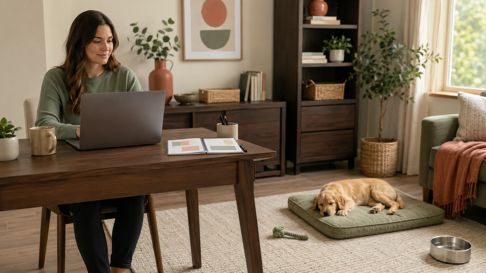 Dog mom working at a home desk while her new puppy rests calmly on a nearby mat in a bright, organized living room.