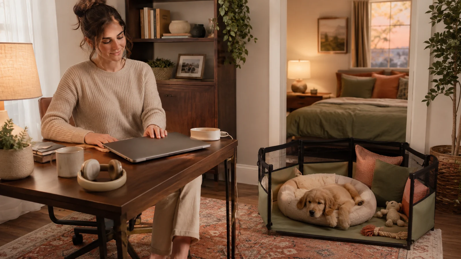 Work-from-home dog mom closing her laptop beside a calm puppy resting in a cozy pen near a home-office desk at dusk