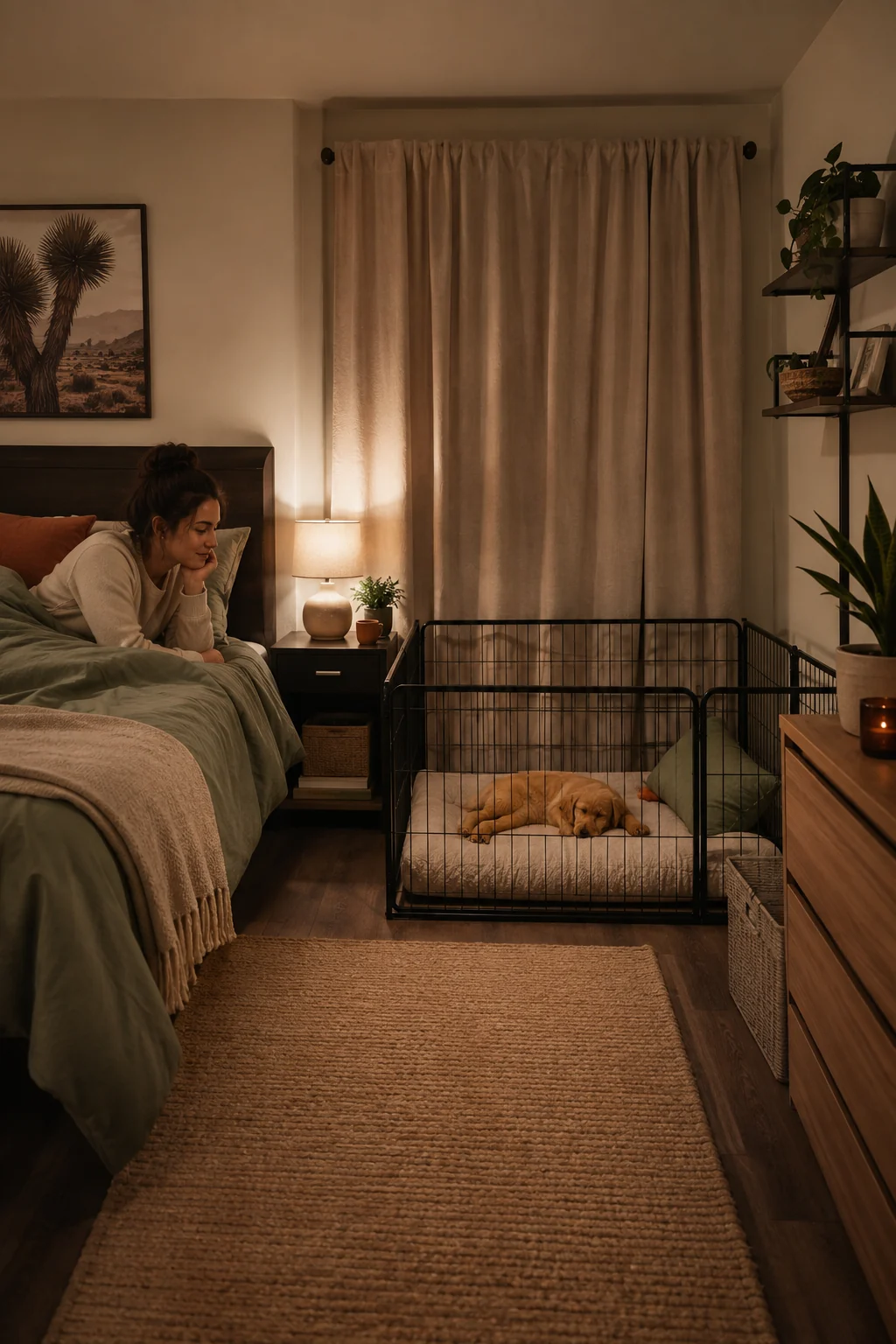 Puppy settled in a bedside pen away from the shared wall, with the owner nearby and hallway light blocked by closed curtains.