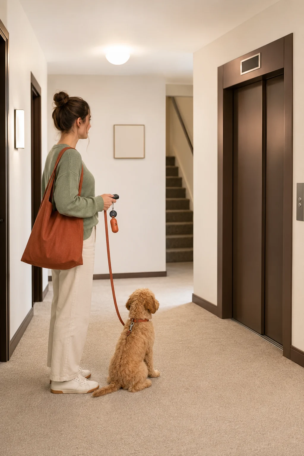Owner and leashed puppy waiting calmly at a quiet apartment elevator with keys, fob, and waste bags ready.
