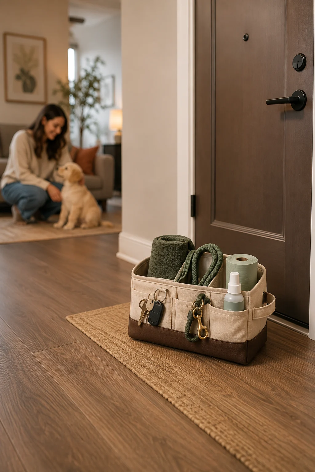 Compact apartment door caddy holding a leash, keys, waste bags, folded towel, and cleanup supplies without blocking the exit.