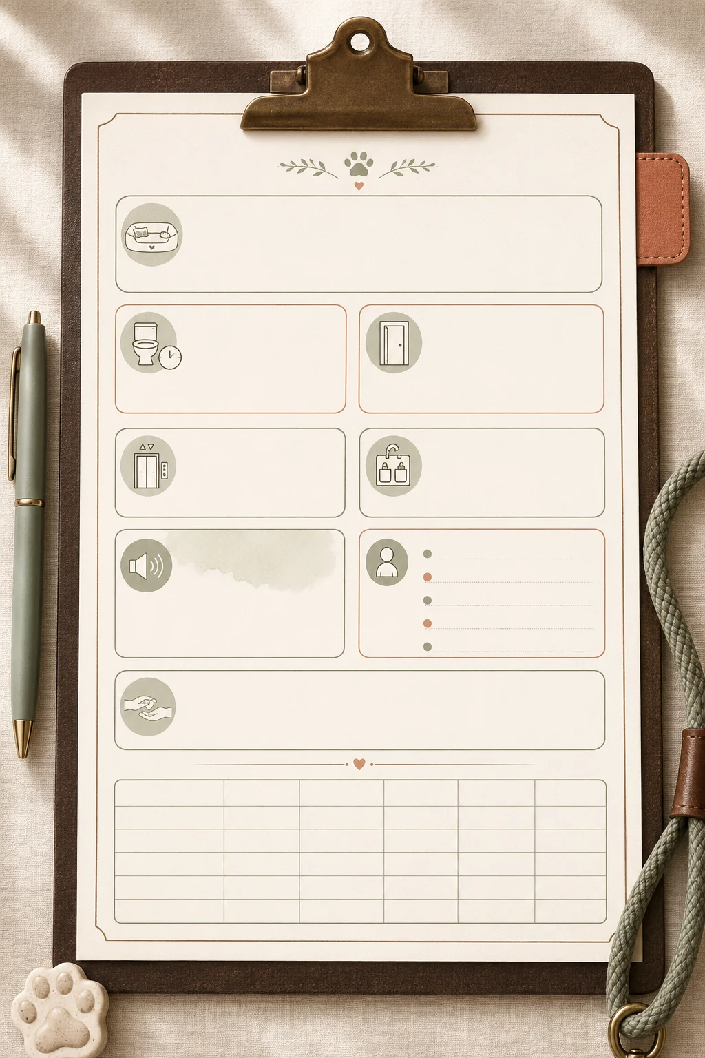 Printable apartment puppy first-night handoff card with sections for sleep setup, exit route, elevator fallback, noise plan, contacts, and overnight observations.