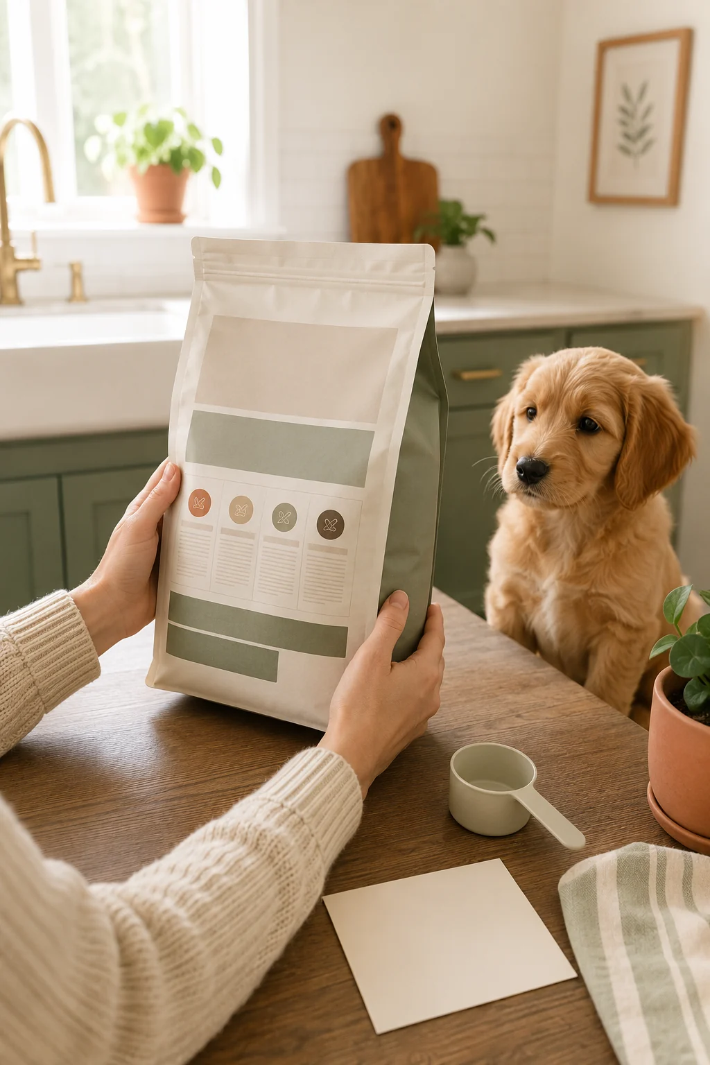 Hands turning an unbranded puppy food package to its back panel beside a calm puppy and a blank note card