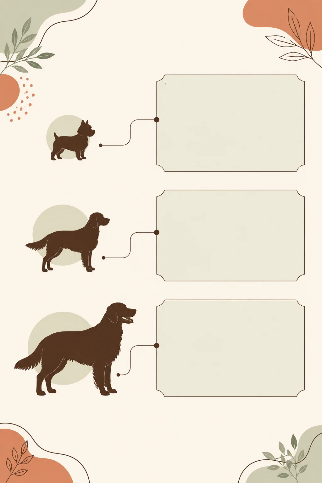Text-free puppy size decision graphic with small, medium, and large dog silhouettes leading to blank comparison areas