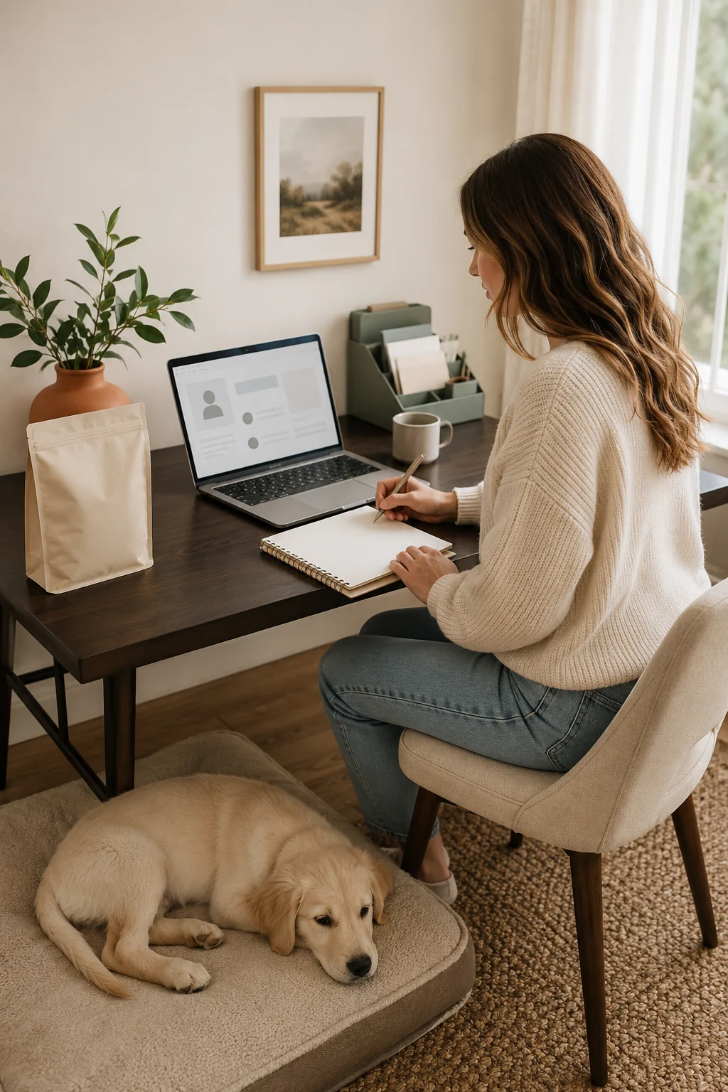 Owner researching an unbranded puppy food company on a laptop while noting formulation and quality-control questions