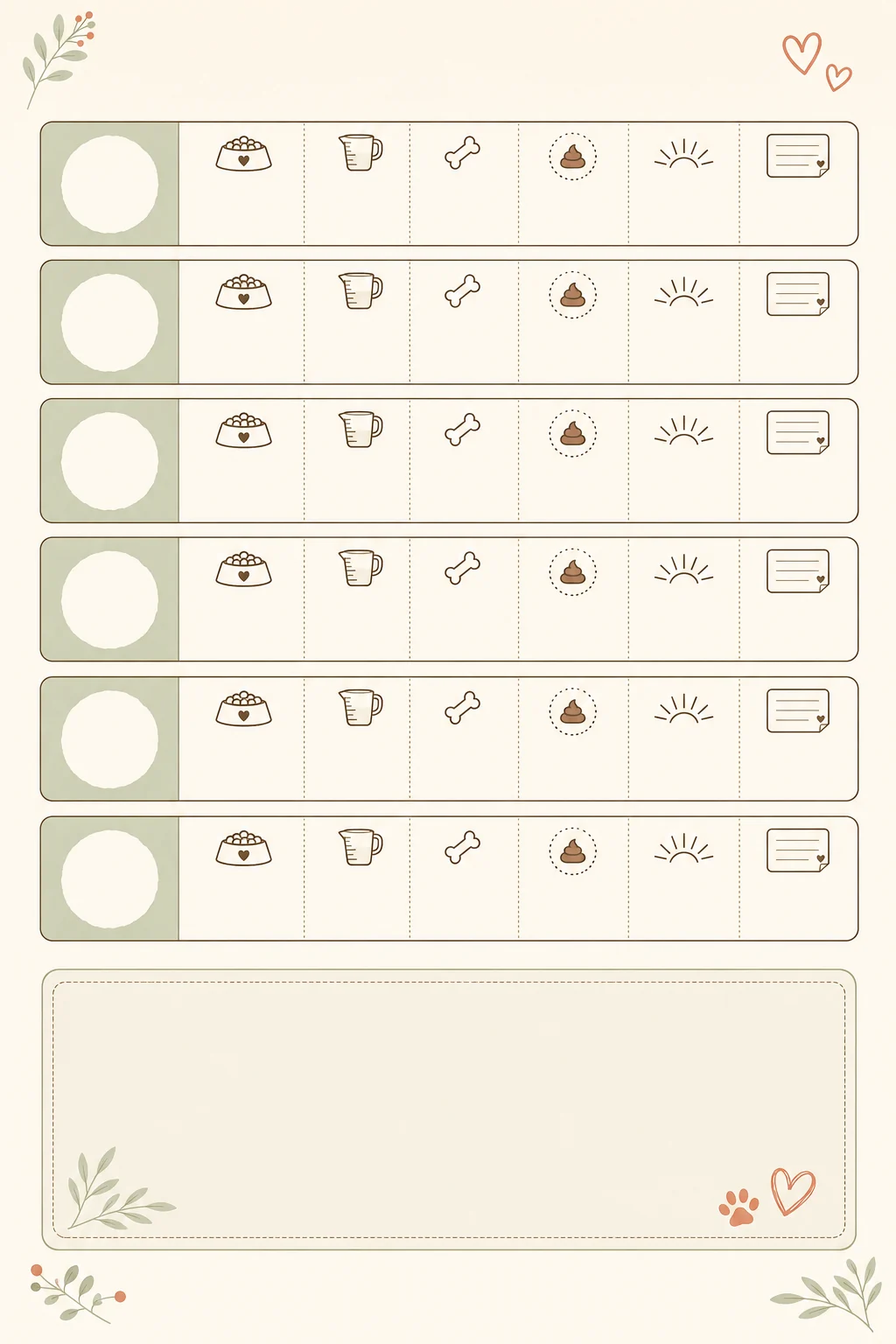 Seven-day puppy feeding observation log with blank daily cards and icons for meals, stool, energy, and notes