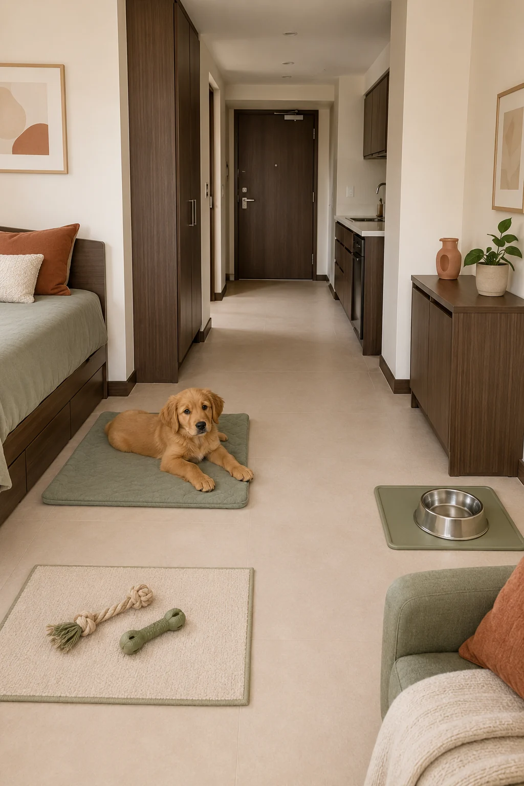 Compact puppy room divided into resting, water, chew, and clear exit zones with closed storage above floor level