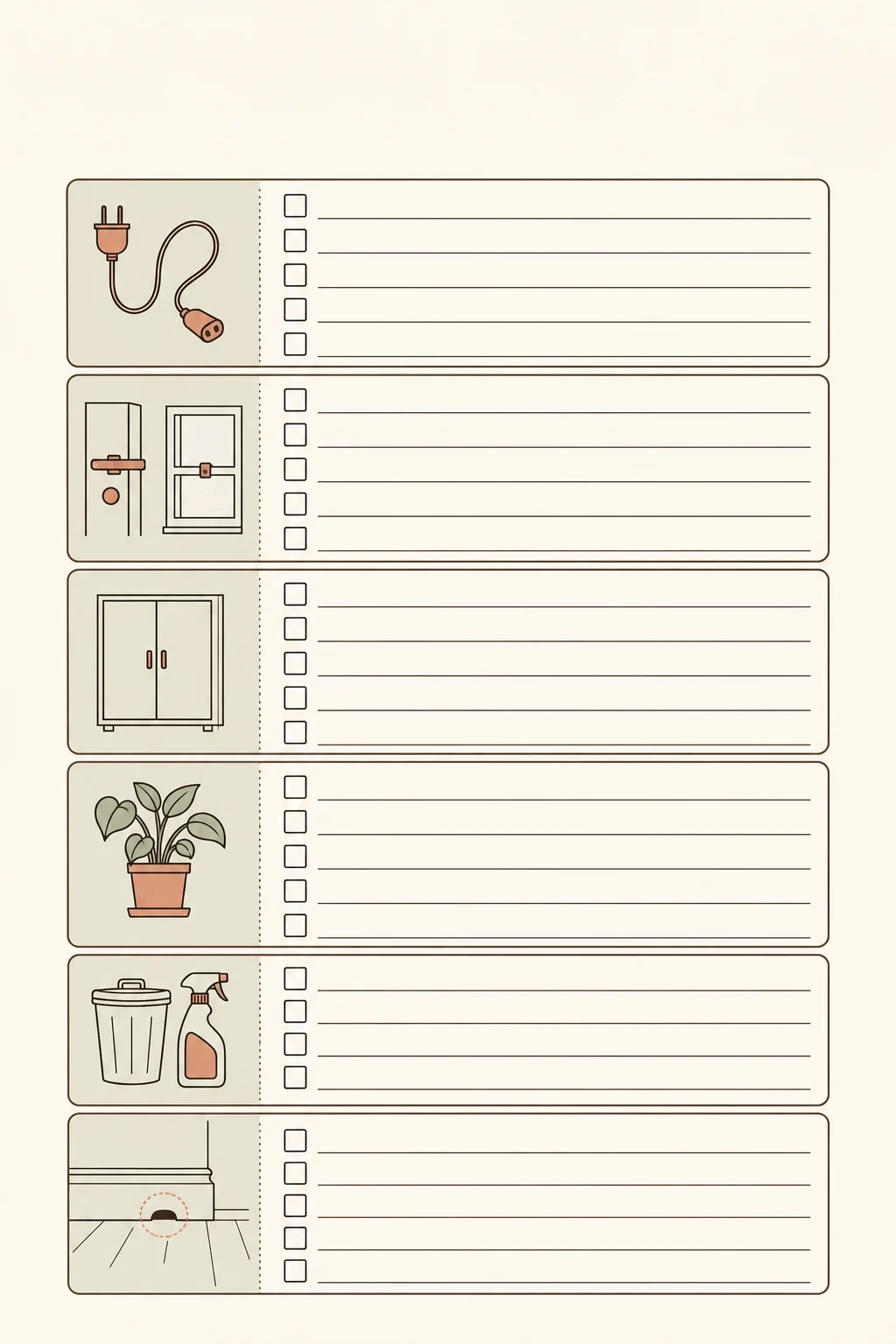 Text-free apartment room safety worksheet with blank hazard-check areas for cords, windows, storage, plants, trash, and floor gaps