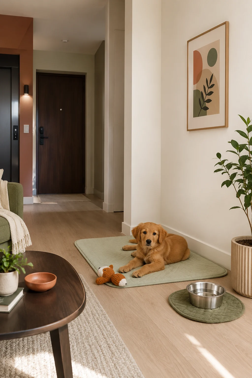 Puppy resting against a quiet interior wall with a washable mat while the apartment entry and shared hallway wall remain farther away