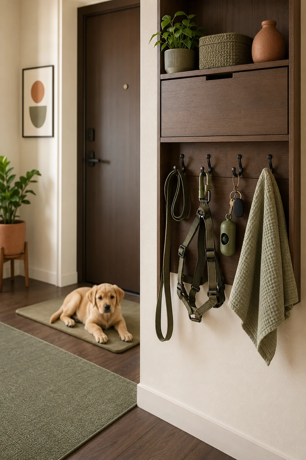 Apartment entry station with leash, harness, waste bags, keys, towel, and building fob stored above a clear puppy route