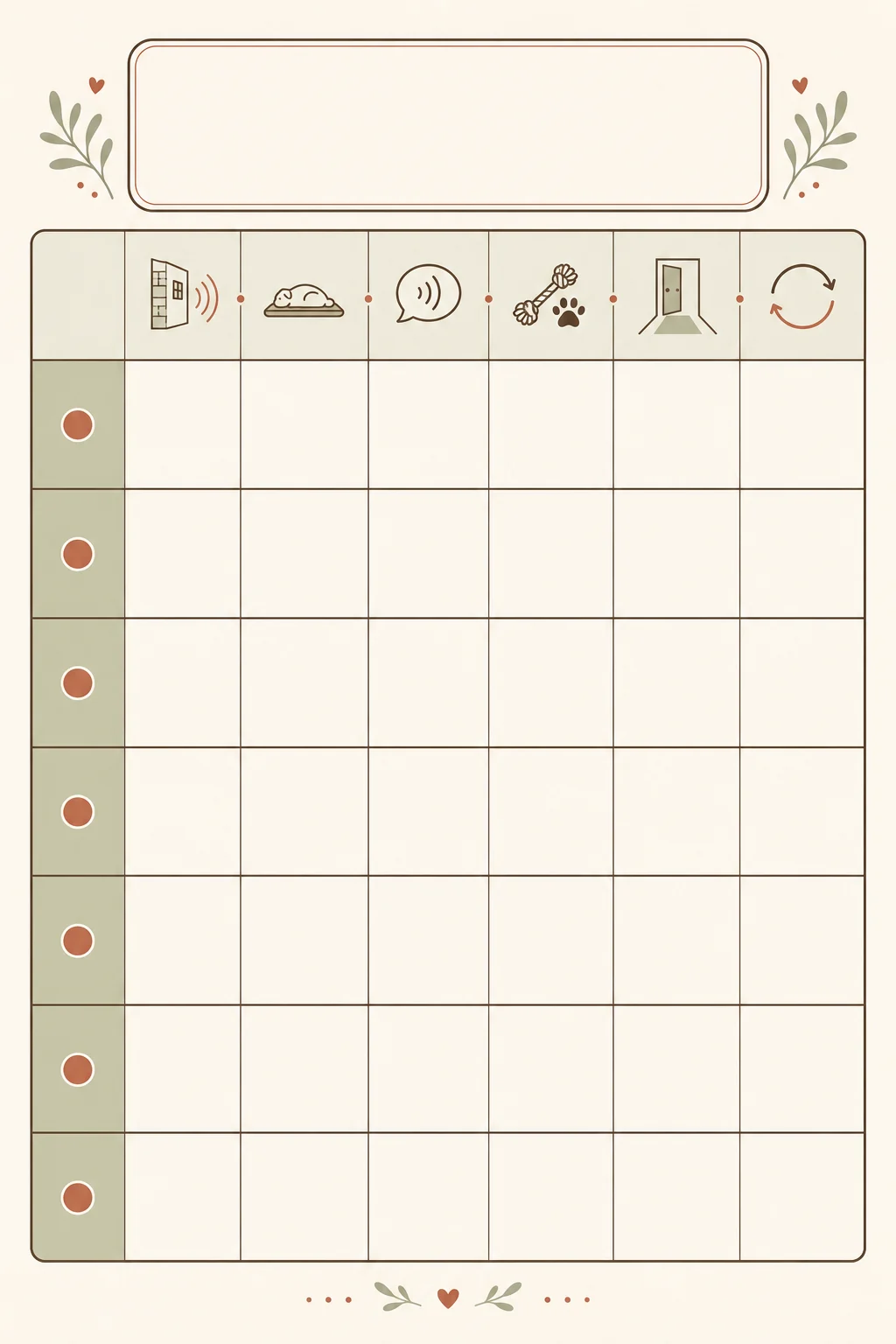 Text-free seven-day puppy room tracker with blank rows for noise triggers, settling, vocalization, chewing, exit route, and next-day changes