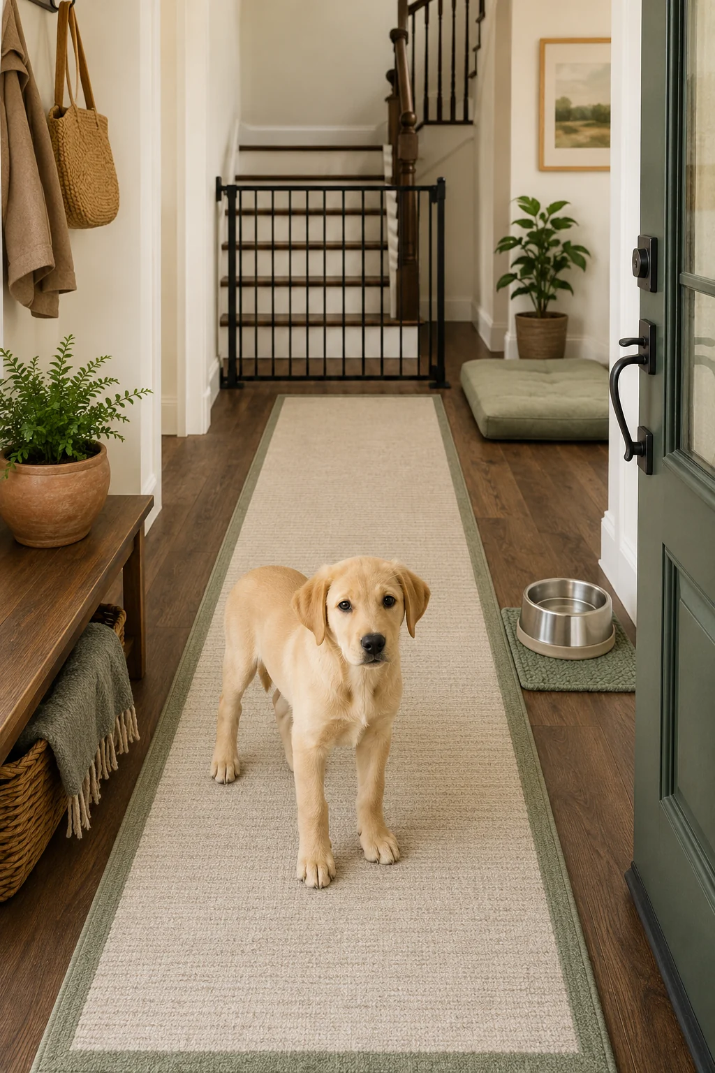 Tall home entry route with a secured runner, stable water bowl, floor-level puppy mat, and closed stair gate