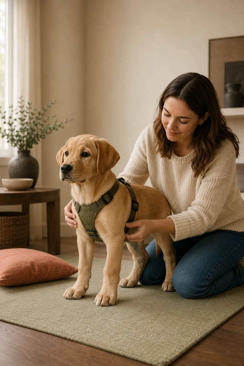 Large-breed puppy calmly wearing a correctly adjusted harness while an owner checks the straps indoors