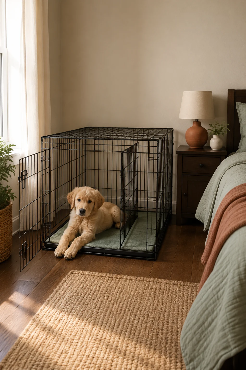 Future large-breed puppy resting comfortably in a divided crate with room to stand, turn, and stretch