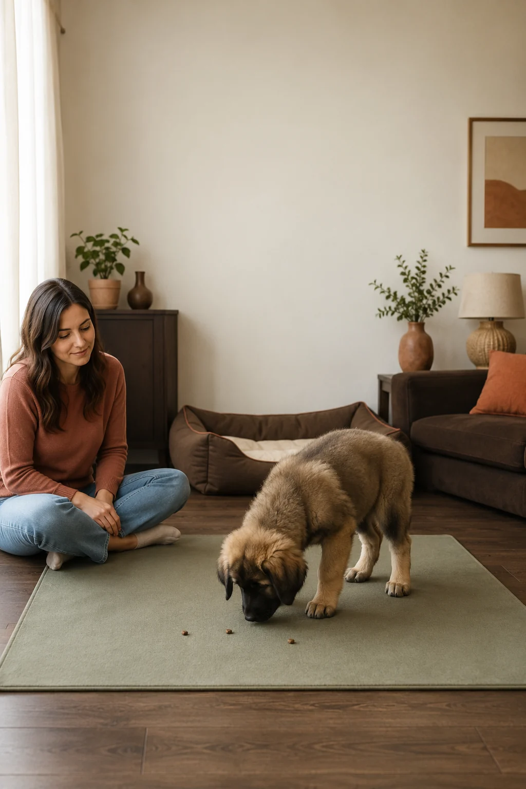 Large-breed puppy sniffing for a few pieces of normal food on a mat beside a calm seated owner