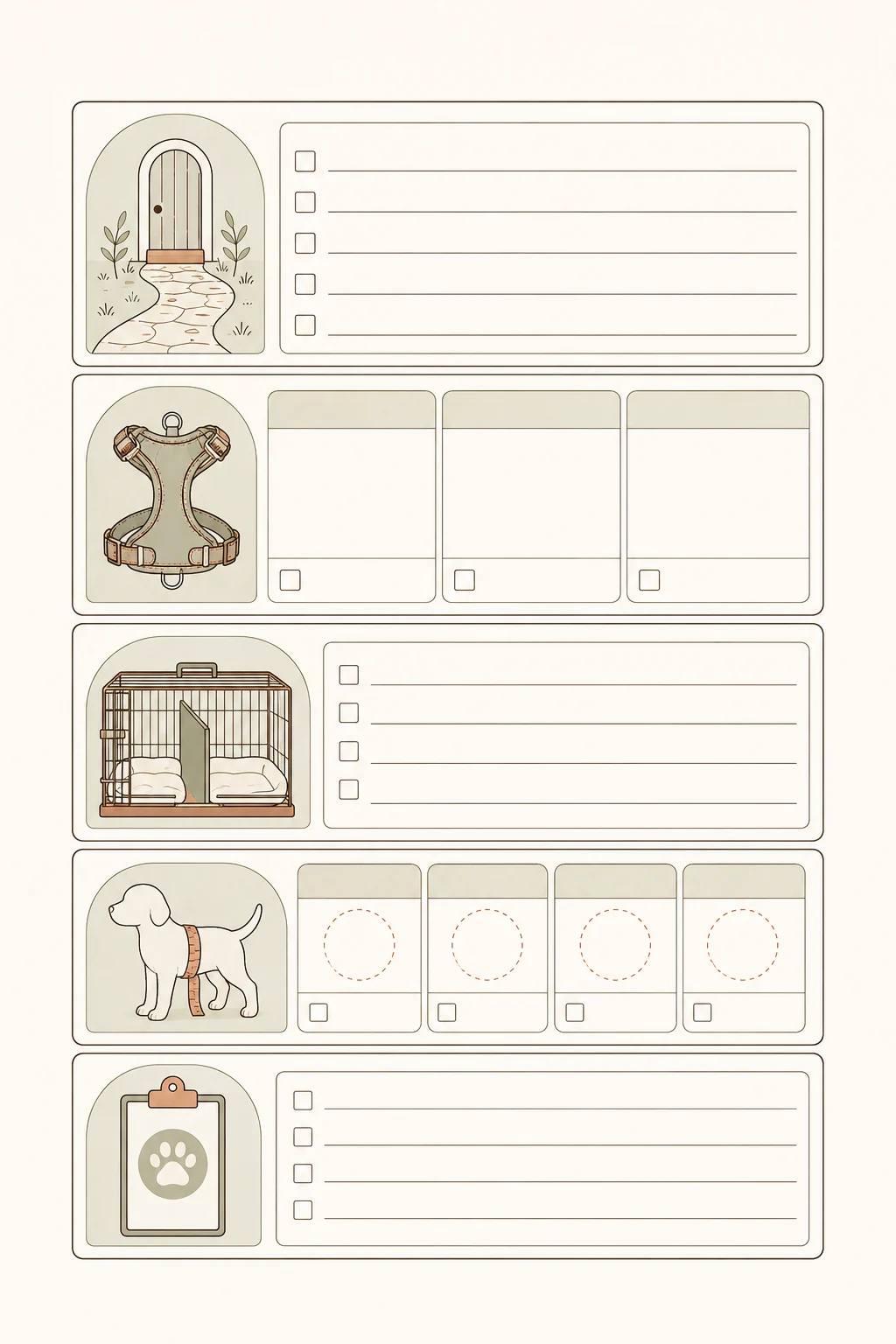 Text-free tall worksheet with blank sections for arrival steps, gear fit, measurements, surface notes, and professional questions
