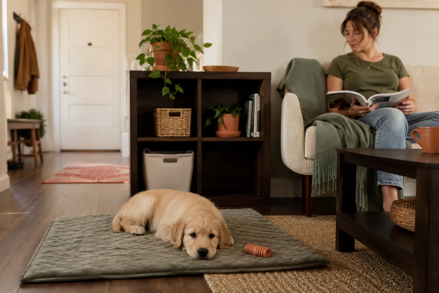 Compact puppy landing zone with open crate, washable mat, water, and one chew toy away from the apartment door