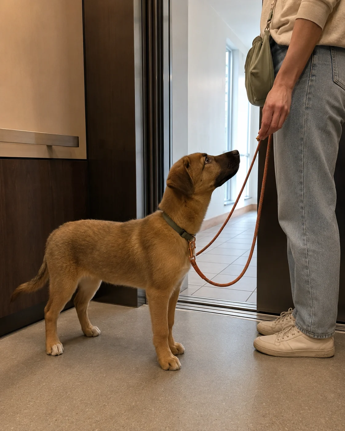 Owner rewarding a calm puppy during a brief elevator ride in an apartment building