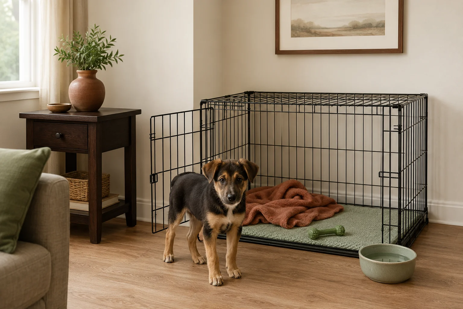 Puppy settling on a mat in an interior apartment corner away from the front door and shared hallway