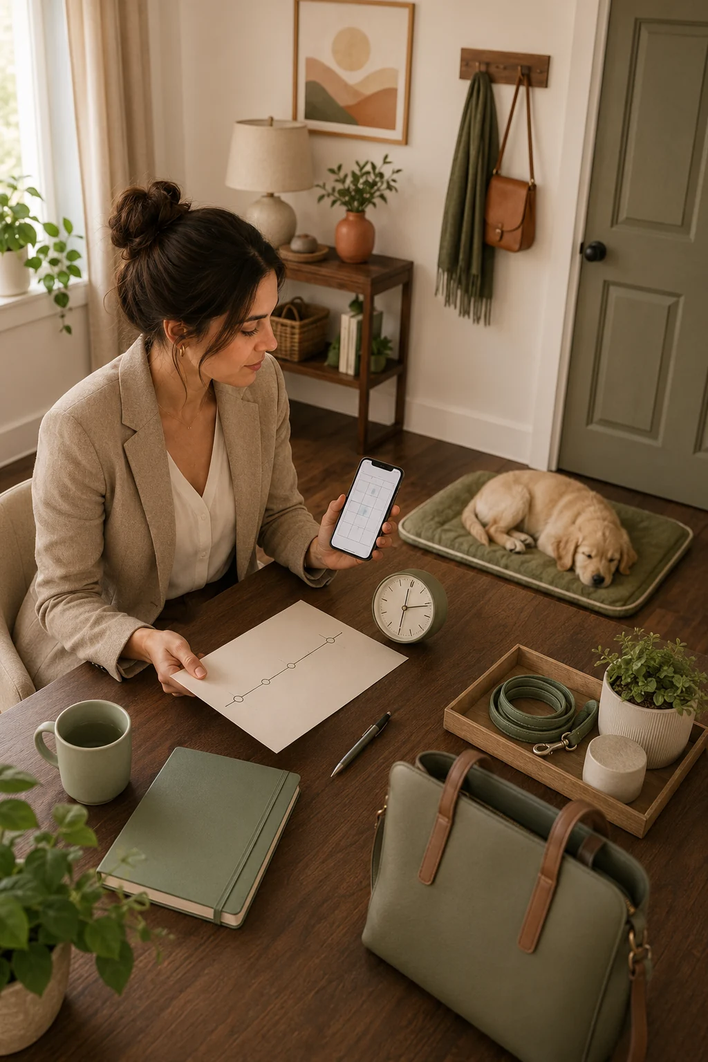 Office-ready dog mom comparing her commute calendar with a puppy care plan while the puppy sleeps nearby