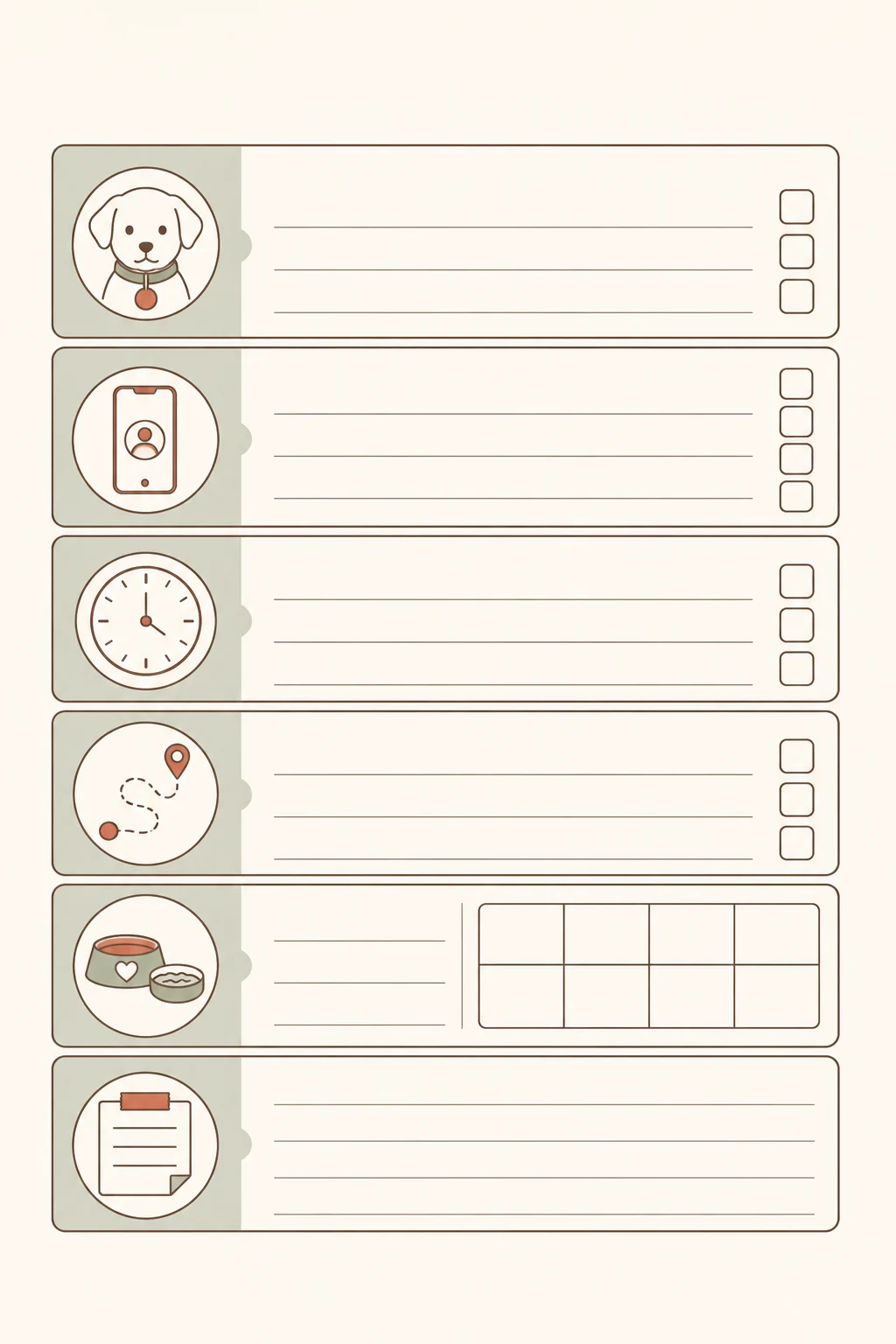 Blank puppy caregiver handoff worksheet with sections for contacts, timing, potty, food, visit notes, and backup care