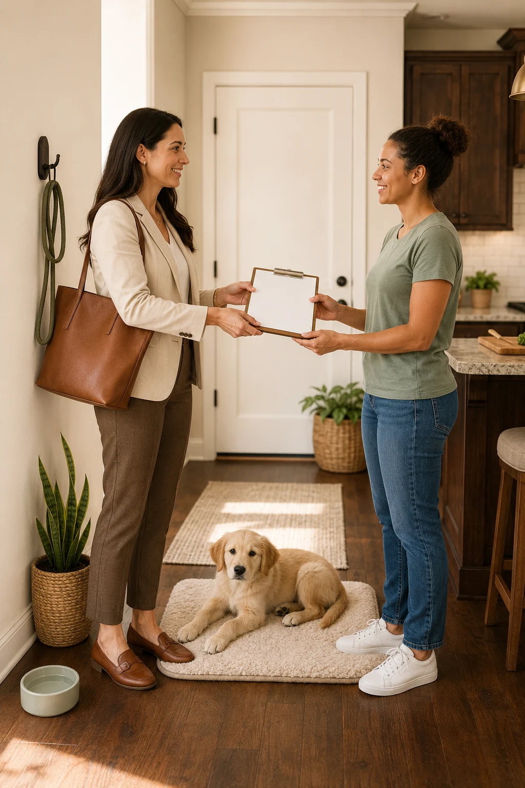 Dog mom calmly reviewing puppy care supplies with an in-home caregiver while the puppy rests between them