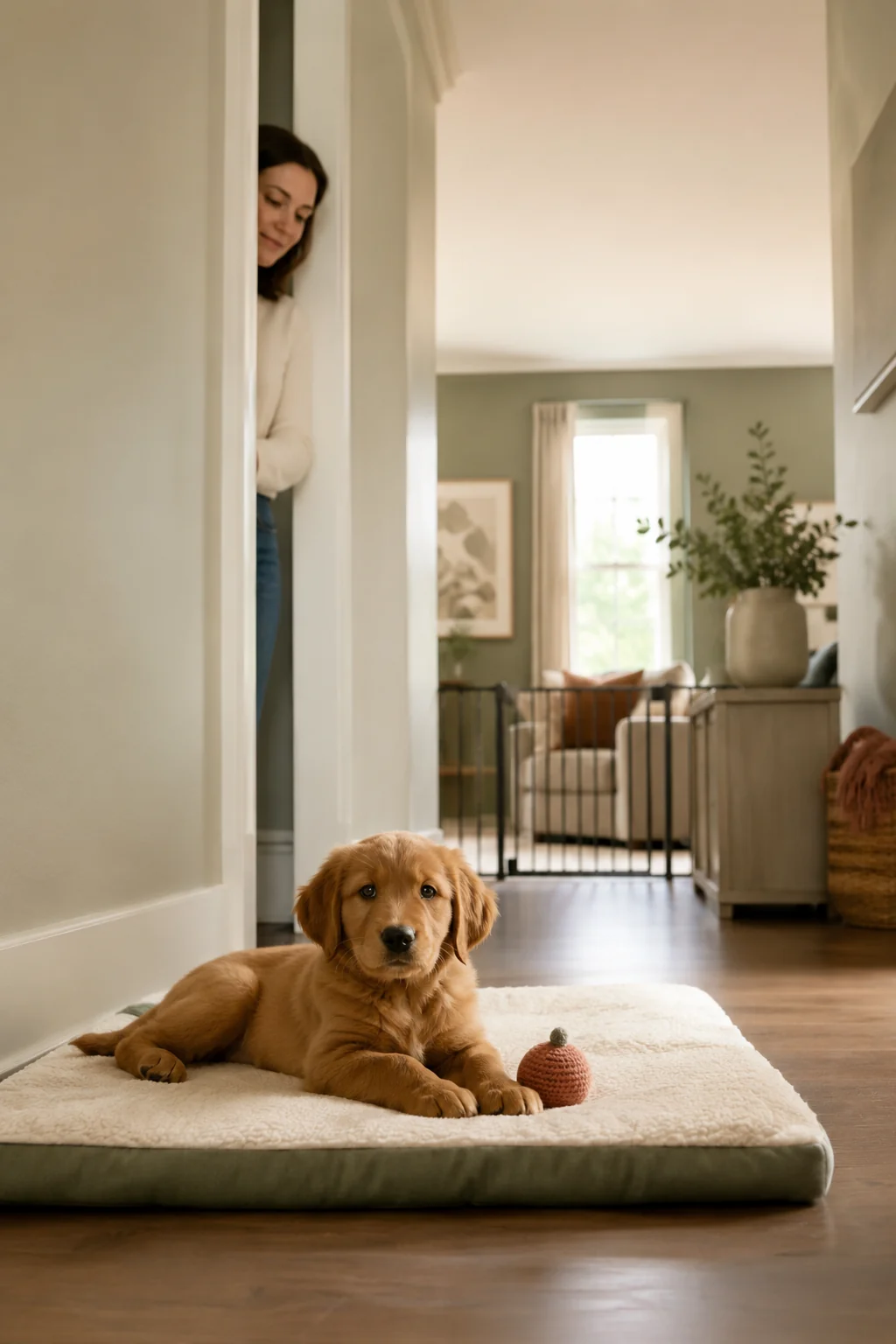 Young puppy resting calmly on a mat as its owner briefly steps behind an interior doorway while watching nearby