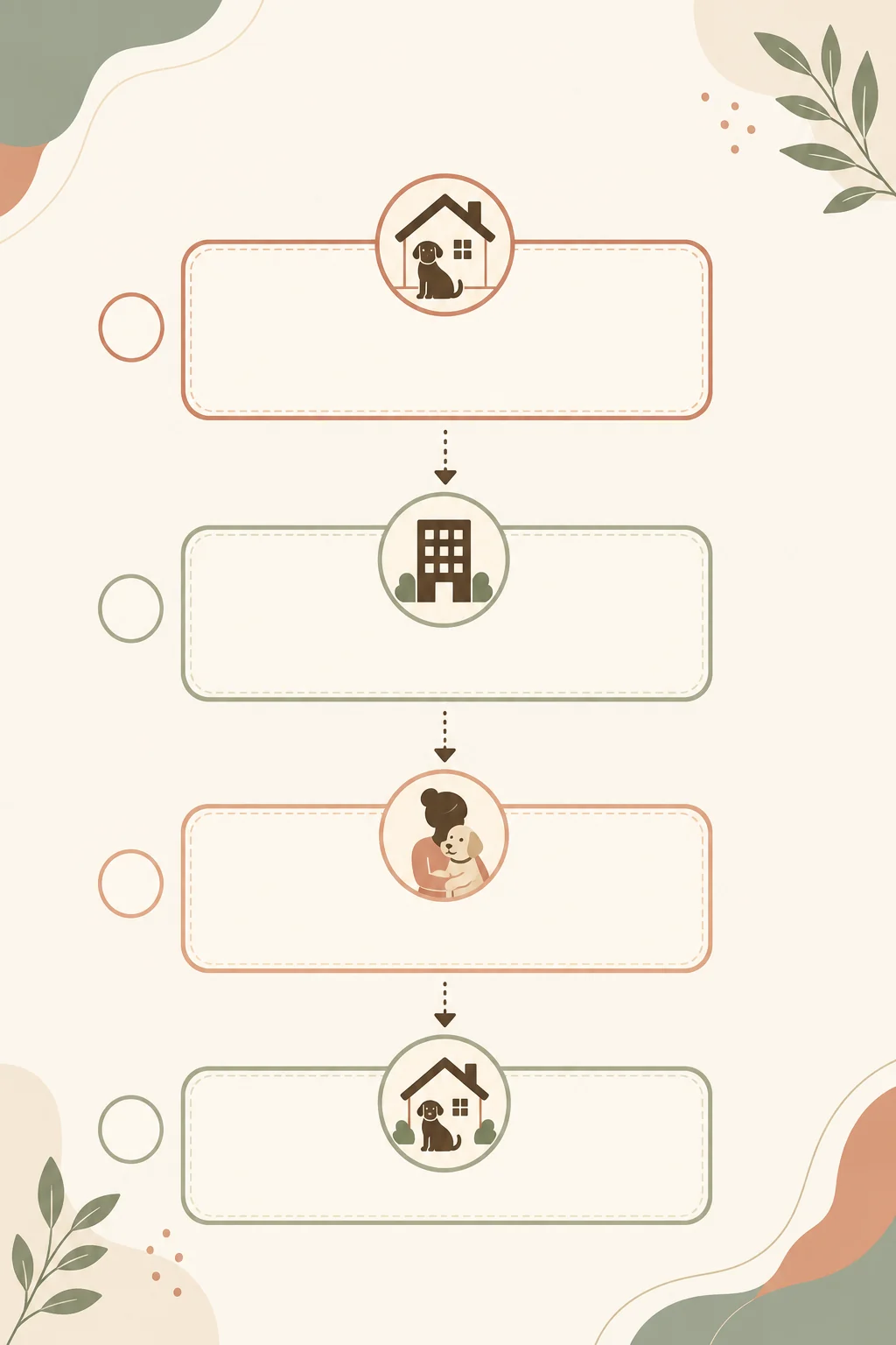 Text-free vertical planning diagram with three blank time blocks linked by puppy, caregiver, office, and home icons