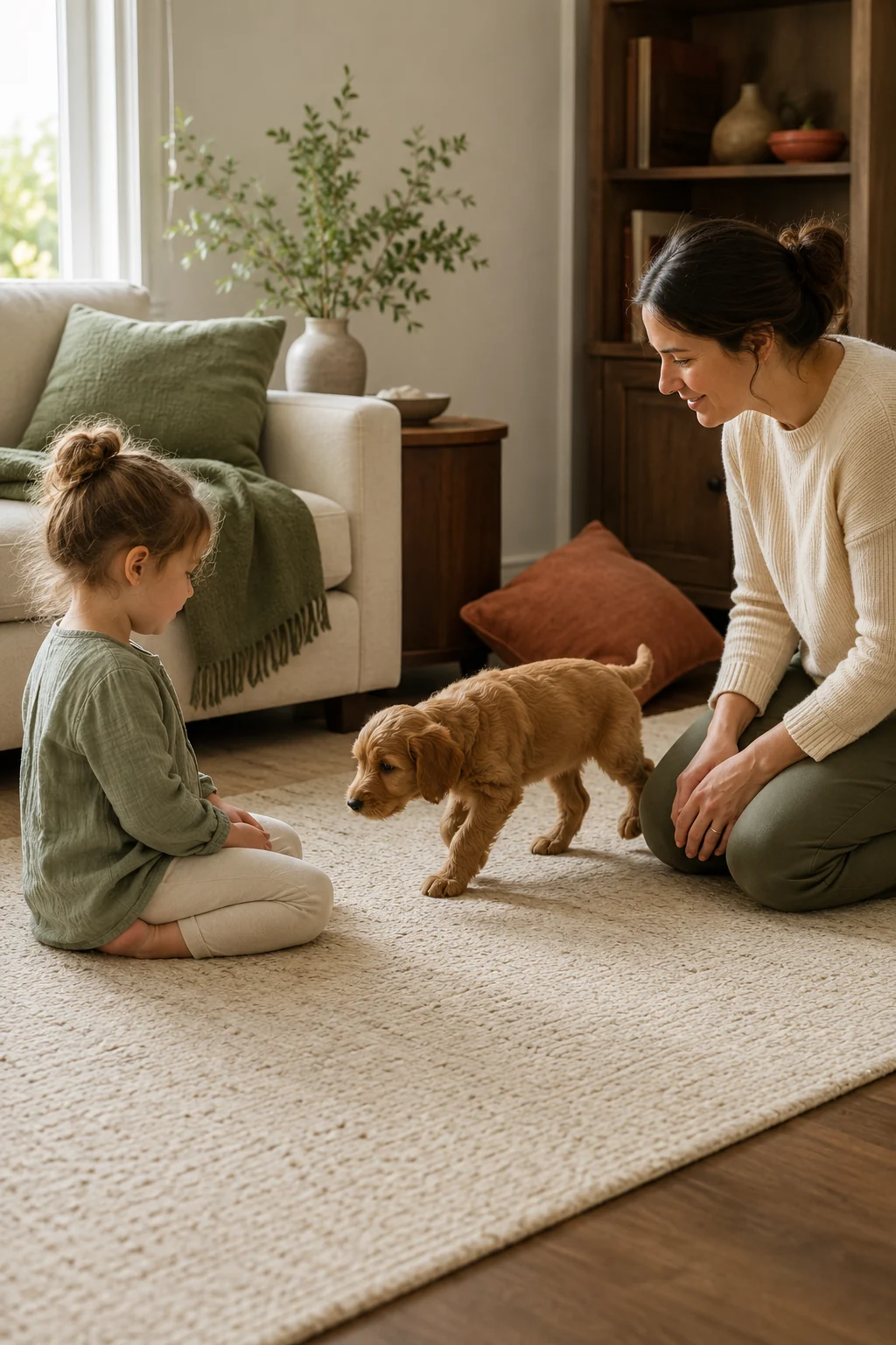 Young child sitting sideways with hands in their lap while a puppy approaches under close adult supervision