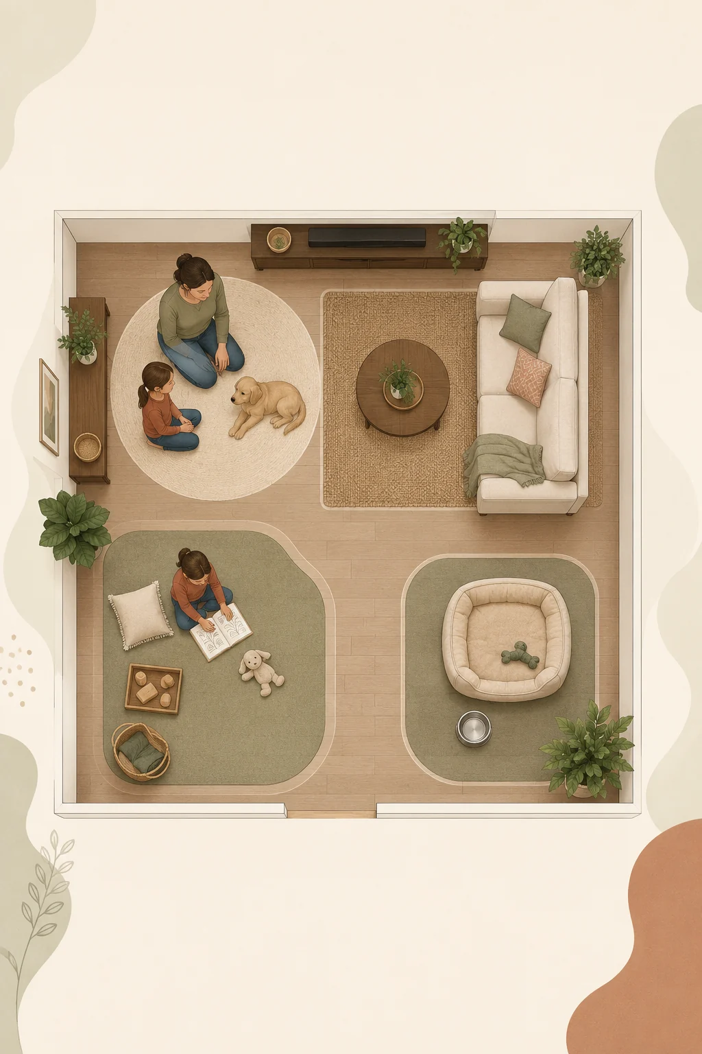 Overhead family-room layout with separate child activity, supervised greeting, and puppy rest zones