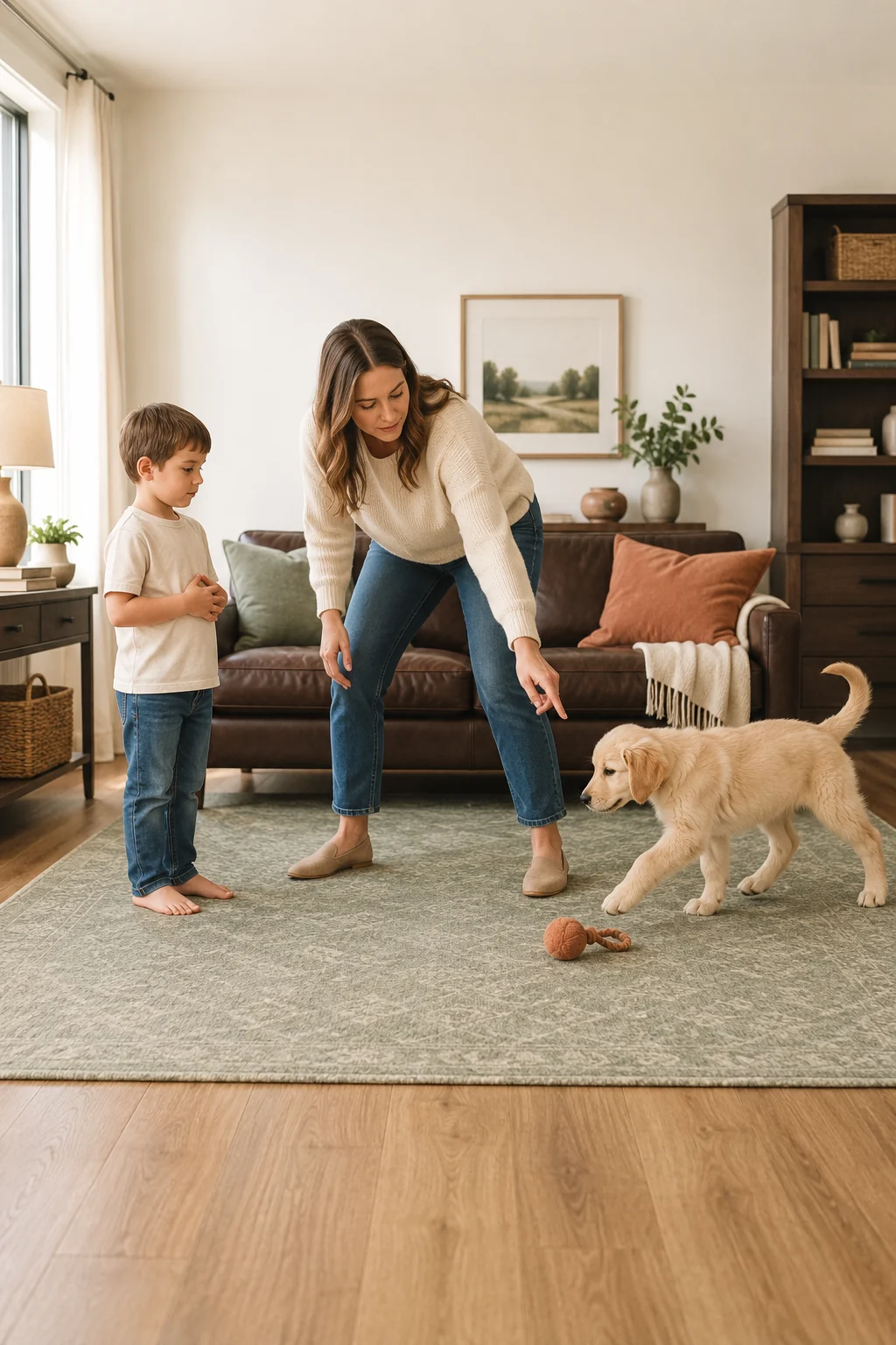 Child standing still with hands against their body while an adult calmly redirects an excited puppy