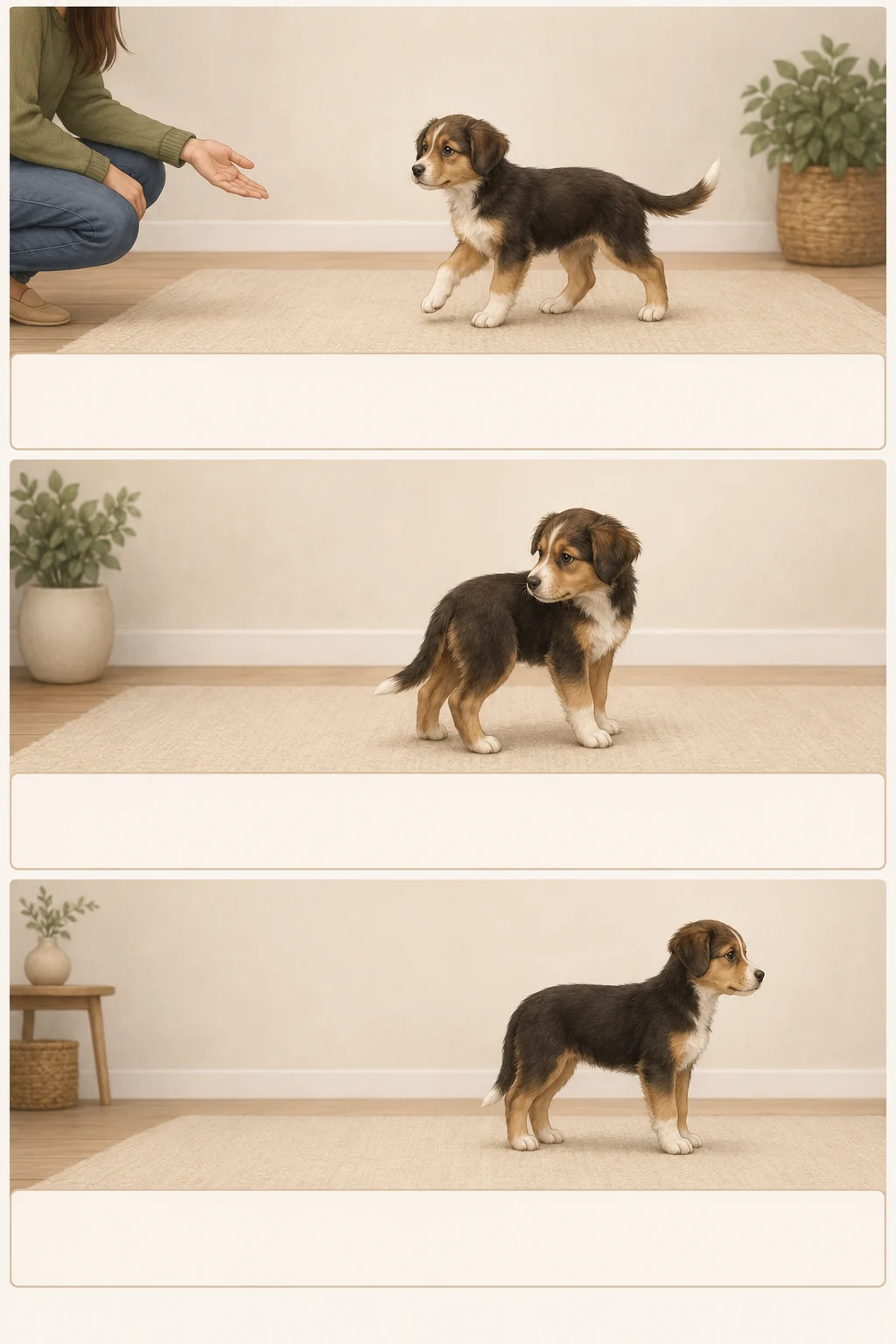 Three-panel puppy body-language comparison showing relaxed approach, turning away, and stiff frozen posture