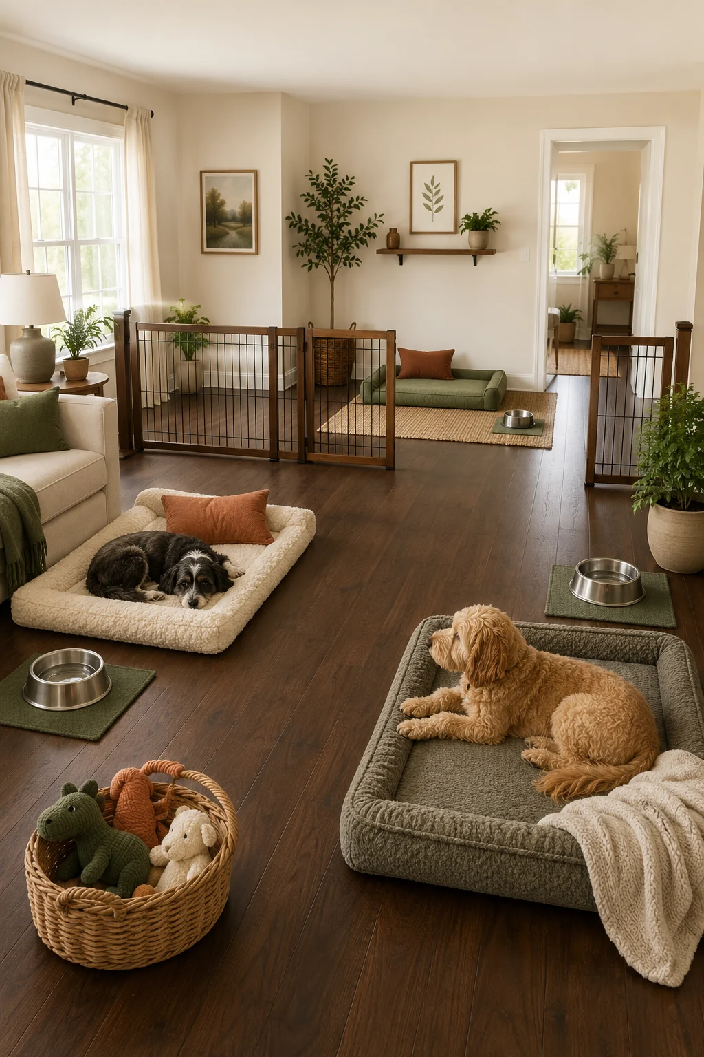 Three clearly separated dog rest and water stations arranged around a calm living room before a puppy introduction